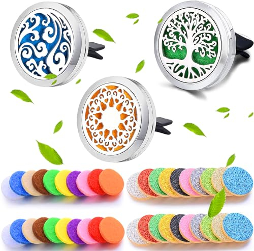 3 Stück Auto Aromatherapie Ätherisches Öl Diffusor, Edelstahl Lufterfrischer Vent Clip Medaillon für Auto, Auto Öl Diffusor Lufterfrischer, Auto Duft Lufterfrischer mit 40 Ersatz Filz Pad
