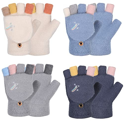 SATINIOR 4 Paar Damen Fingerlose Handschuhe mit Flip Winter Warme Strick Fingerlose Fäustlinge Umklappbar Dicke Regenbogen Handschuhe