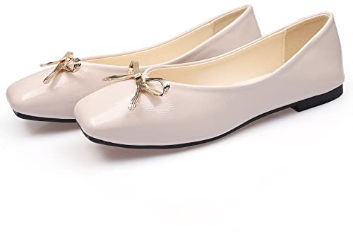 MACHSWON Womens Ballerina Flat Shoes Square Toe Slip On Gold Bow Ballet Pumps Dolly Shoes(Apricot, Size 6)