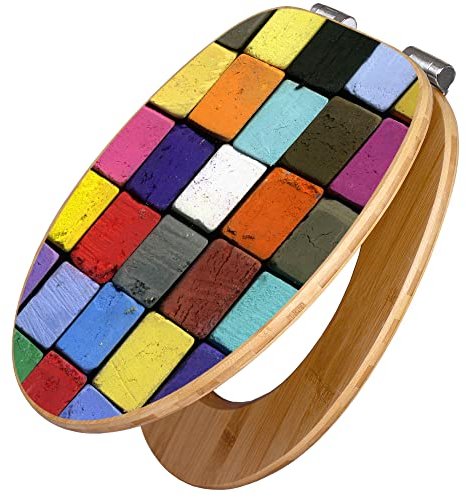 banjado® Design WC Sitz Bambus Absenkautomatik mit Motiv Bunte Kreide/Toilettendeckel mit Absenkautomatik Holz/hochwertiger Bambus Klodeckel/WC-Sitz für alle gängigen Toiletten