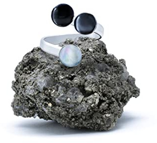 925 Silber Trilogy Ring mit Regenbogen Mondstein, Hämatit und schwarzer Onyx (Naturstein) 6mm - Verstellbaren Ringen, von XS bis XL, für Männer für Frauen - Kostenlose Geschenkbox