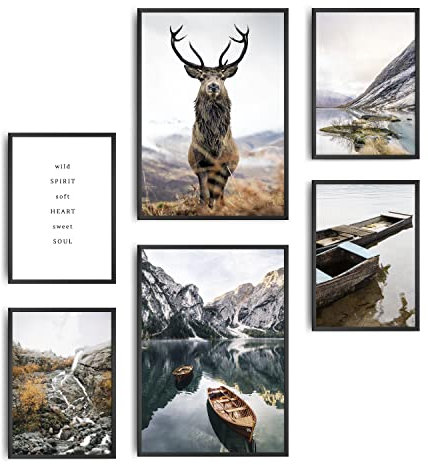 decomonkey | 6er Poster Set OHNE Bilderrahmen | Natur Landschaft | 4 x DIN A4 & 2 x DIN A3 | Wohnzimmer Schlafzimmer Wandposter Blider Collage Modern Wanddeko Berge See Hirch Sprüche Grau
