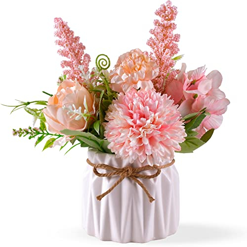 Fiori artificiali in vaso, rosa, piccolo vaso di ceramica finto piante di fiori finti decorazione da scrivania per interni e ufficio, ortensie finte decorazione per tavolo, libreria, camera da letto,