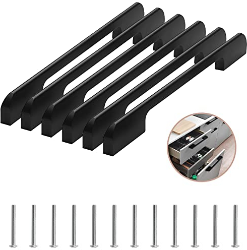 Lxoraziy 6 Pack Kitchen Door Handles, 192mm Hole Centre Flat Black Cabinet Handles, Aluminum Alloy Furniture Drawer Pulls (Screws Included)