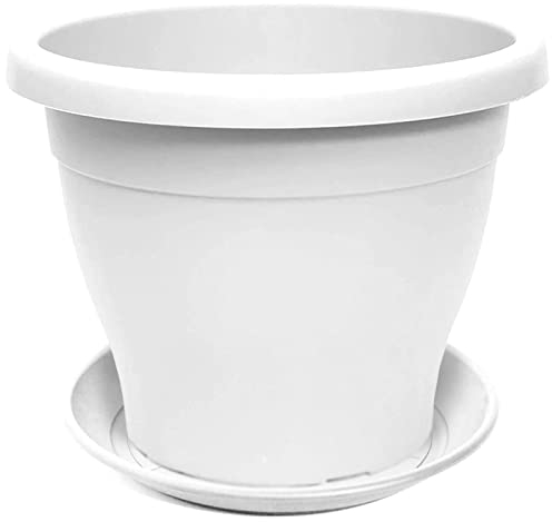 Tradineur - Maceta con Plato Tipo mediterránea, 20 cm de diámetro, Ideal Tanto para Interior como Exterior. Jardinera Alta con Agujeros para drenar Agua, Color Blanco