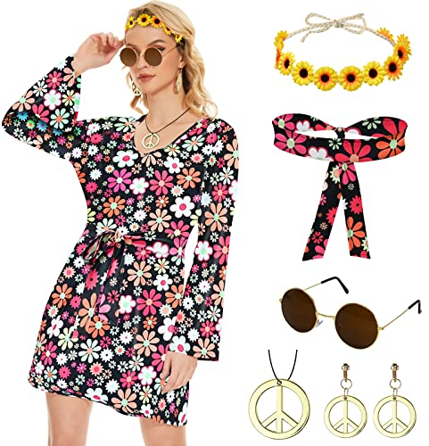 Ulikey 6 Stück Hippie Kostüm Damen Set, 60er 70er Kleid Hippie Kleidung Frauen Mädchen Disco Kleider, 70er Jahre Bekleidung Damen, Hippie Kostüm Damen Accessoires für Halloween Karneval Cosplay (XL)