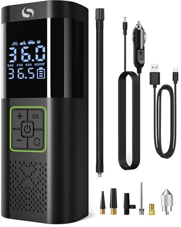 SERVOMASTER Compressore Aria Portatile, Mini Compressore a Batteria con Manometro, 150PSI 12V DC Gonfiatore Elettrico con Luce LED Adatto per Auto Moto Bici Palla, Accessori Auto per Gli Uomini Donne