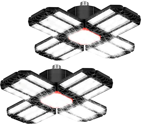 Daromigo 2er 200W LED Garagenleuchte Werkstattlampe, 20000LM 6500K Verformbare Deckenlampe mit 12 Verstellbaren Paneelen, E26 / E27 Werkstattbeleuchtung für Keller Geschäft, Garage