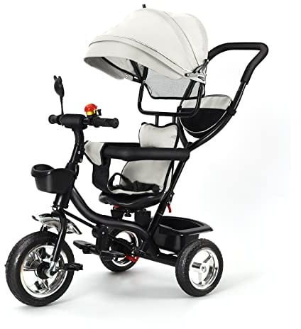 Supfine Dreirad für Kinder, 4-in-1, mitwachsend, mit wendbarem Sitz, Baby-Dreirad, skalierbar, mit verstellbarem Schiebegriff, abnehmbarer Baldachin, Sicherheitsgeschirr, 9 bis 60 Monate