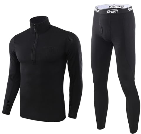 KONG JIMFAN Thermo Unterwäsche Set Fleece Pullover Herren Thermo-Unterhose Herren Lange Unterhosen- Herren Wärme Snowboard Anzug Herren Herren Boxershorts Baumwolle(Schwarz,XL)