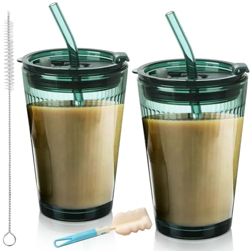 Leikurvo Lot de 2 gobelets verts, avec couvercle et paille, 450 ml, pour smoothie, thé glacé, tasse à café, tasse à café, tasse à thé