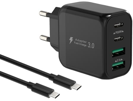 40W USB C Ladegerät, Gcstnn Schnellladegerät mit 2M 3A Type-C Kable 4 Port PD3.0 QC3.0 USB C Ladestecker für iPhone 15 Plus 14 Pro Max 13 Pro 12 Mini, Samsung, Xiaomi Handy Ladegerät-Schwarz