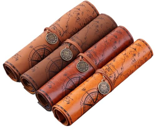 Multifunctional Pencil Bag Leather Pencil Case Treasure Map Pencil Roll Pencil Pouch For Paint Brush Cosmetics Storage 4x Pencil Bag Treasure Map Pencil Roll Leather Pencil Case For Paint Brush