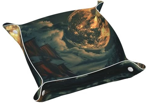 Faux Leather Valet Tray Pirate Ship in Ocean Bedside Desk-top Storage Tray Nightstand Caddy Tray