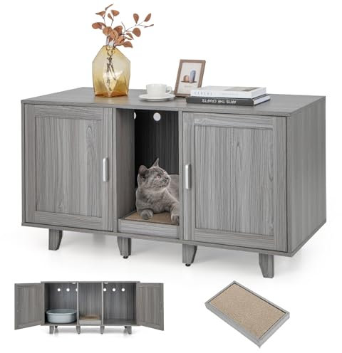 COSTWAY Meuble Litiere Chat en Bois, Meuble Cache Litiere Double Porte 3 en 1, Planche à Griffer, 6 Pieds Surélevés Amovibles, 6 Passe-Câble, Maison de Toilette Chat, 120 × 52 × 65 CM, Chêne Gris