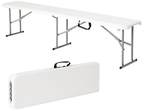 Durable 6ft Folding Bench Seat - L 72.05’’ x W 11.02’’ x H 16.93’’ (183 x 28 x 43 cm) - Portable White Plastic Bench with Convenient Carry Handle - Perfect for Garden, Picnic, Party, and Camping