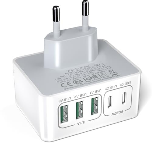 Caricatore USB C Rapido 50W 5Porto Presa USB C, Multipla Alimentatore USB C Caricatore per iPhone 16 15 14 13 12 11 iPad Samsung S23/S22/S21, Google Pixel Caricatore, USB PD Charger Spina USB