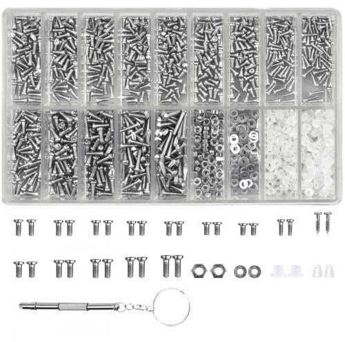 Kit Riparazione Viti per Occhiali, 1000 Pezzi Viti Autofilettanti per Metallo, Cacciavite per Occhiali e Pinzetta, Kit Completo di Cacciaviti per Riparazione Occhiali e Orologi
