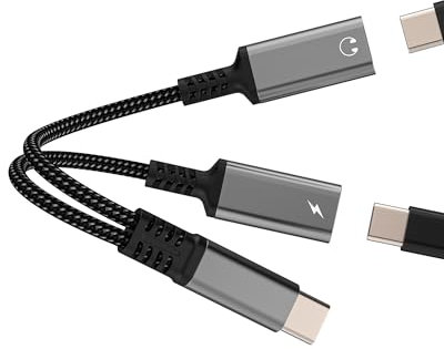 USB C to Headphone Jack Adapter(2in1) Dual Type C Splitter for Apple iPhone 16 15 Fast Charging Cable Dongle DAC Aux Audio Adaptor compatible for Samsung Charger Earphone Connector for ipad Converter