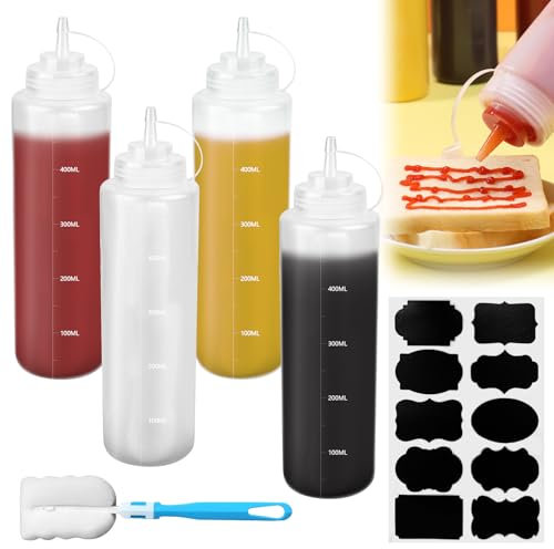 XCRPRT Sauce Squeeze Bottle 500ml with Cap, 4PCS Plastic Squeeze Bottle Dispenser, Squeezy Squirt Bottles with Cleaning Brush Sticker for Condiments, Seasoning, Ketchup, Mustard, Mayo, Olive Oil
