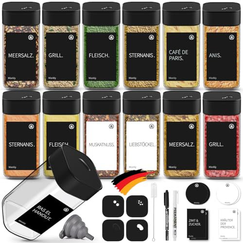 Miorkly Gewürzgläser Eckig - 12er Set mit Schwarz Edelstahl Drehdeckel,120ML Gewürzstreuer Set mit Streueinsatz,Hochwertige Gewürzdosen,Glas Gewürz Organizer inklusive Trichter,Etikett und Stift