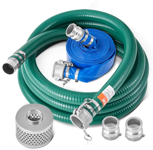 VEVOR Kit de tuyau d'aspiration pour pompe à eau, avec tuyau de lavage à contre-courant bleu de 50,8 mm x 15,24 m, tuyau d'aspiration vert de 6,1 m, crépine à trou rond en acier, serrures à came