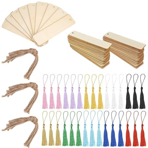 Blanko Holz Lesezeichen Set mit 30 Stück, DIY Set mit Quasten und Hanfschnur - 12 x 3,2 cm