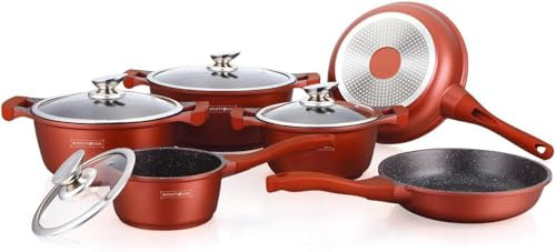 ROYALTY LINE, Ensemble de 13 pièces, Batterie de Cuisine en aluminium moulé, revêtement marbré, avec poignées en silicone amovibles, compatible tous feux, Couleur Rouge