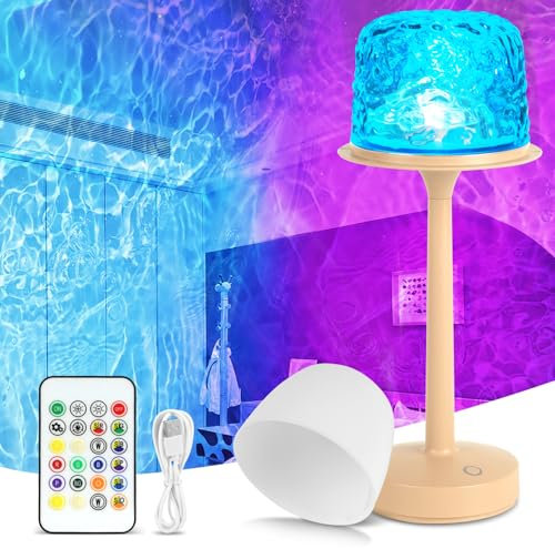 HIGSPE Lampada a Onde D'acqua Girevole, 16 Colori Lampada Aurora Boreale, Proiettore Stelle Soffitto Dimmerabile con Telecomando, Wave Lamp Luce Notturna Ricaricabile per Decorazione Camera da Letto