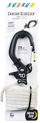 Nite IZE CamJam SlideLock Rope Tensioner & 3m Nylon Rope - with Pull Lock and Quick Release Lever - 100lb Load Limit - Fits Rope Sizes 3-6mm - Large