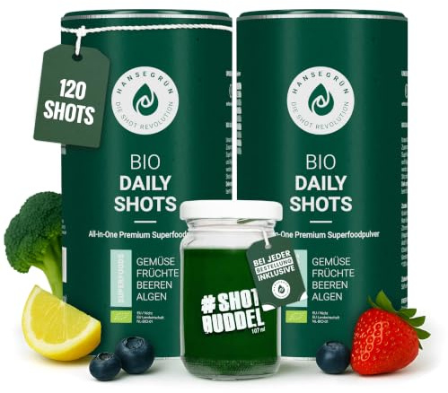 Hansegrün - 2x Bio Daily All-in-one Shots (60 Stk.) - Superfood-Pulver für Immunsystem¹, Anti-Müdigkeit², Haut⁷ & Zähne⁴ - Antioxidative Wirkung⁵ - 100% echte Zutaten zur schnellen Zubereitung