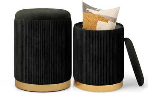 Multigot Set of 2 Storage Ottomans, Upholstered Nesting Round Footstool Compact Vanity Stool with Removable Lid, Modern Pouffe Ottoman Padded Chair Stool for Living Room Bedroom (Black)