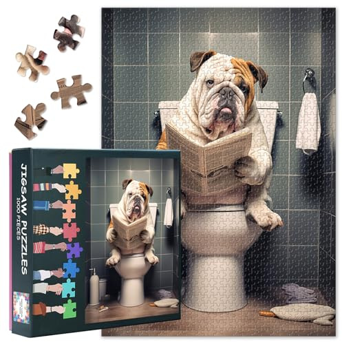 1000 Teile Puzzle für Erwachsene Französische Bulldogge auf Toilette Lustiges Tierpuzzle Humorvolles Design Gesellschaftsspiel Originelles Geschenk 50.5 x 70.5 cm