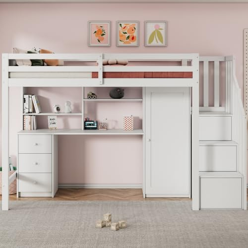 Merax Cama litera con escritorio y armario, Cama infantil multifuncional con escalera, cajones y espacio de almacenamiento, 90 x 200 cm, Blanco, Madera maciza + MDF