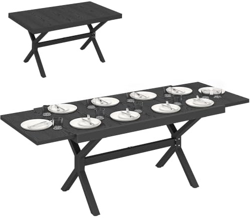 Outsunny Gartentisch, ausziehbar, Aluminium, 154-214 cm, Anthrazitgrau | Holzoptik, Esstisch, für den Außenbereich, für 8 – 10 Personen, verstellbare Füße, robuste X-Struktur, Garten, Terrasse