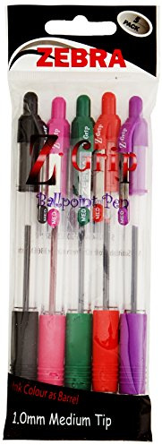 Zebra Pen Z-Grip Retractable Ballpoint Pen, Medium Point, 1.0mm, Black, Red, Green, Pink and Violet Ink, 5-Pack