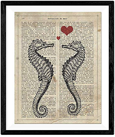 Nacnic Vintage Seepferden Paar Poster. Vintage Stil Wanddekoration Abbildung von Meertiere und Liebe mit Bucherseite Hintergrund. Verschiedene kreative Bilder ohne Rahmen. Größe 24x30cm.