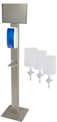 Blanc HYGIENIC Desinfektionsspender Cosmos – Spender mit Sensor und Standfuß, Spender stehend und 3X 1 Liter Desinfektionsmittel, Händedesinfektion für ca. 3.000 Anwendungen, Weiß und Blau