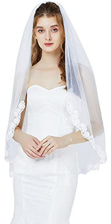 BEAUTELICATE Brautschleier Schleier Spitzenborte Für Braut Hochzeit Softtüll Weiß Ivory Lang Kurz Mit Metall Kamm 1 Schicht V79