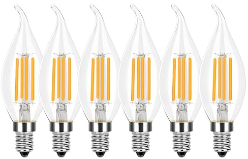 HUAMu E14 LED Kerzenbirnen Filament Dimmbar 4W, Ersetzt 60 Watt Glühlampe, Warmweiß 2700K, Klar Glas, AC 220V-AC240V, 6er Pack