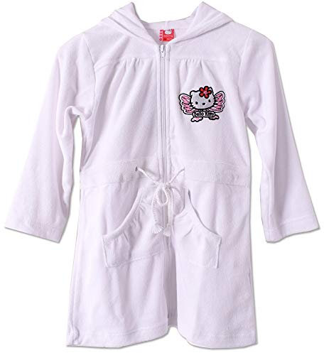 TE-Trend Hello Kitty Motiv Kinder Bademantel Mädchen Morgenmantel Kapuze Badezimmer Kids Robe 128/134 Weiß
