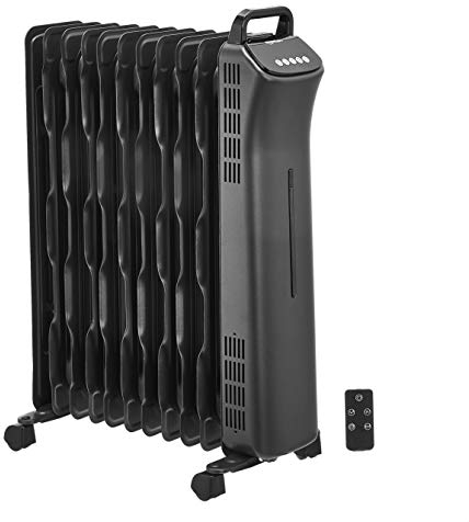 Amazon Basics - Radiador portátil de aceite, con control digital, 11 aletas ondulantes y control remoto, 2500 W, color negro