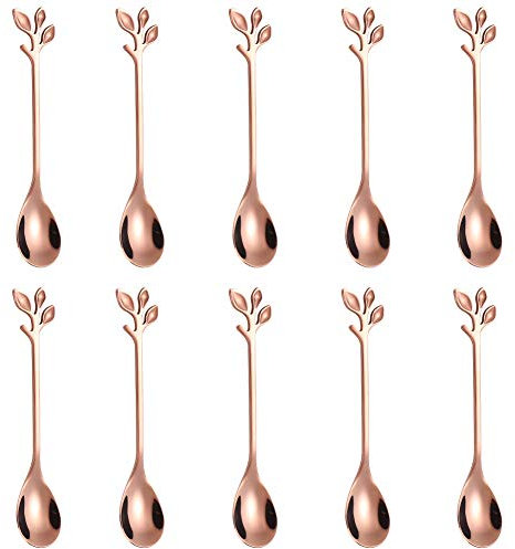 AnSaw Elegant Rose Gold Leaf Coffee Spoons - 10-Piece, 4.7 Mini Stainless Steel Espresso & Dessert Tea Spoons, Perfect for Demitasse & Small Servings