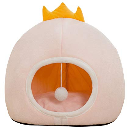 HONGBI Plüsch Warm Vlies Cartoon Haustierbett,Halbgeschlossen Katze-Welpen-Hundehütte rutschfest Katzenbett Abnehmbar Hundehöhle Waschbar Kuschelhöhle Rosa Krone L:50 * 47 * 36CM