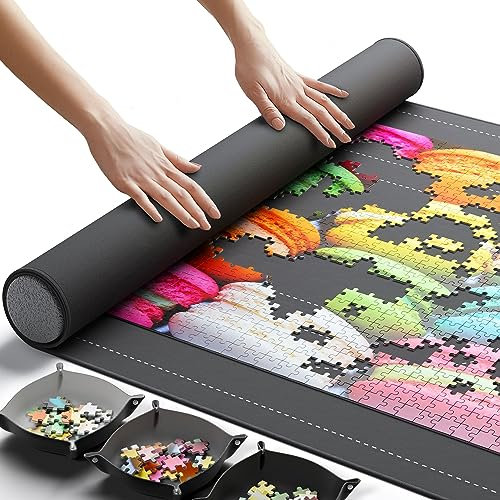 Newverest Puzzle-Matte zum Aufrollen, Sparunterlage 46 x 26 Tragbar Bis zu 1500 Teile mit Rutschfester Gummiunterseite und glatter Polyester-Oberseite + Aufbewahrungstasche, Schaumstoff-Rollrohr