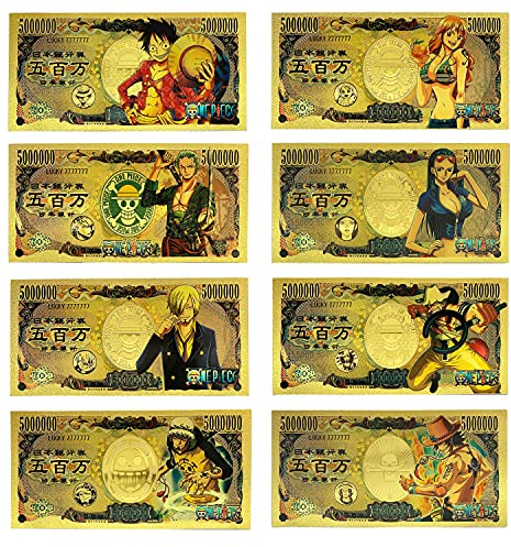 YJacuing Anime One Piece Gold Coated Banknote, Limited Edition Collectible Bill Bookmark (8 Stück, 5 Millionen Sammlung)