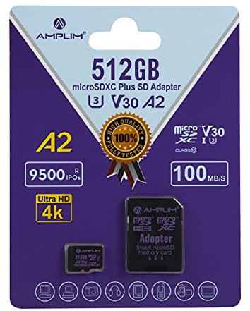 Amplim Micro SD Card 512GB, New 2021 MicroSD Memory Plus Adapter, Extreme High Speed 170MB/S A2 MicroSDXC U3 Class 10 V30 UHS-I for Nintendo-Switch, GoPro Hero, Surface, Phone, Camera Cam, Tablet