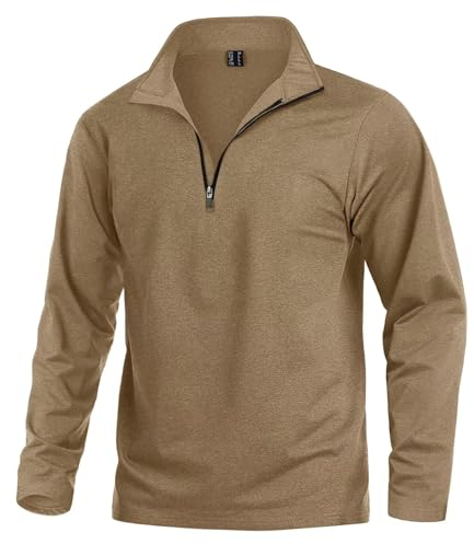 KEFITEVD Wandershirt Herren Langarm Atmungsaktiv Fleece Pullover mit Reißverschluss Kragen Ski Rolli Warm Outdoor Training Shirt Männer Frühling Top Khaki 2XL
