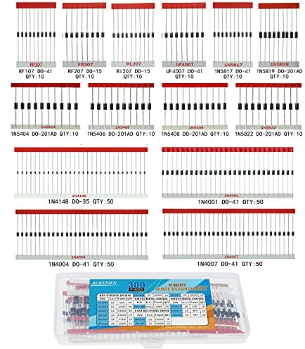 AUKENIEN 14 Wert 300 Stück Dioden Sortiment Kit Gleichrichter Schalt Schalter Schottky Diode Set 1N4148 1n4001 1N4004 1N4007 1N5404 1N5406 1N5408 1N5817 1N5819 1N5822 FR107 FR207 RL207 UF4007