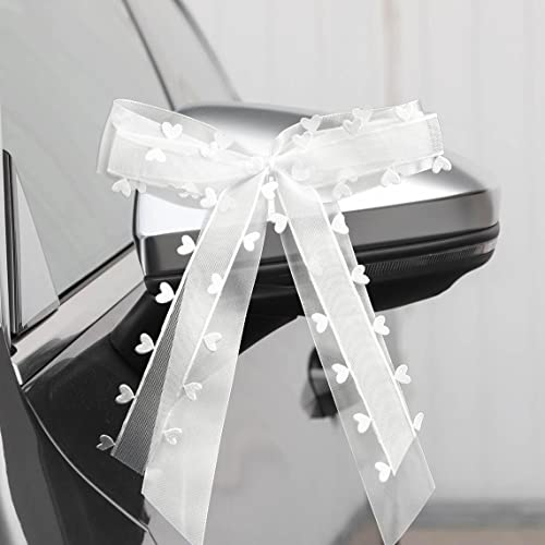 Fesaizwi 50 StüCk Autoschleifen Hochzeit - Weiß Mit Herzen Schleifen Auto - Weihnachtsschleifen Hochzeitsdeko - Handgemacht Satinband (25 * 15cm)
